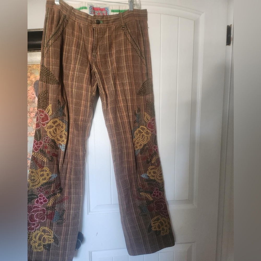 Johnny Was Embroidered Plaid Pants